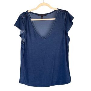 B7 Denim Flutter V Neck Blouse Short Sleeve Shirt Blue Large Stretchy
